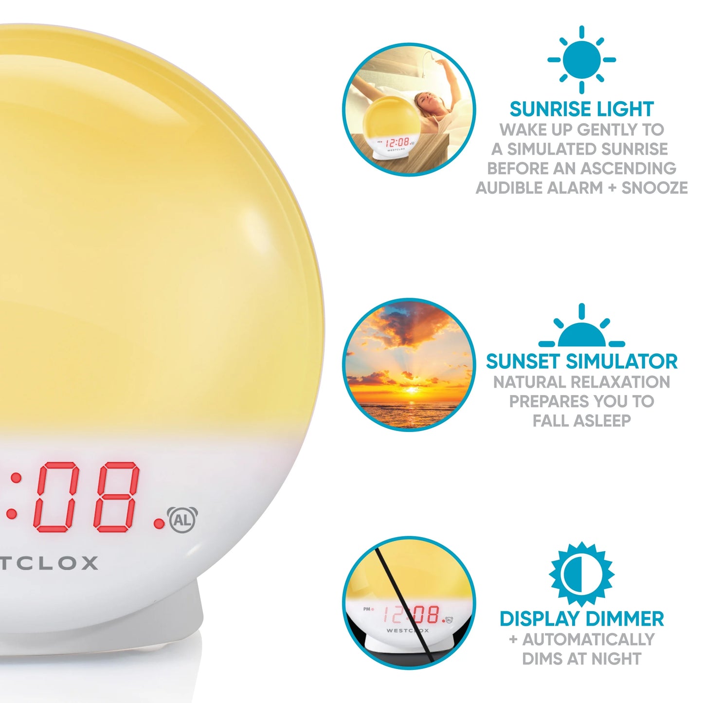 5" White Electric Sunrise Simulator Alarm Clock with Digital LED Display and Dimmable Nightlight