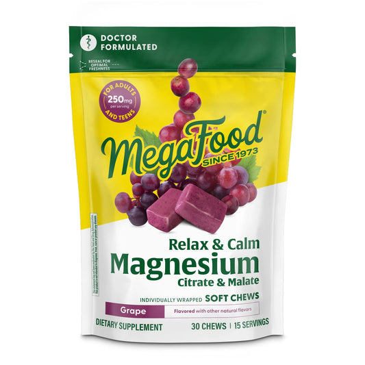 Relax + Calm Magnesium Supplement - Soft Chews with Magnesium Citrate & Magnesium Malate for Heart Health, Muscle Tension & More - Vegetarian - Grape-Flavor - 30 Chews (15 Servings)