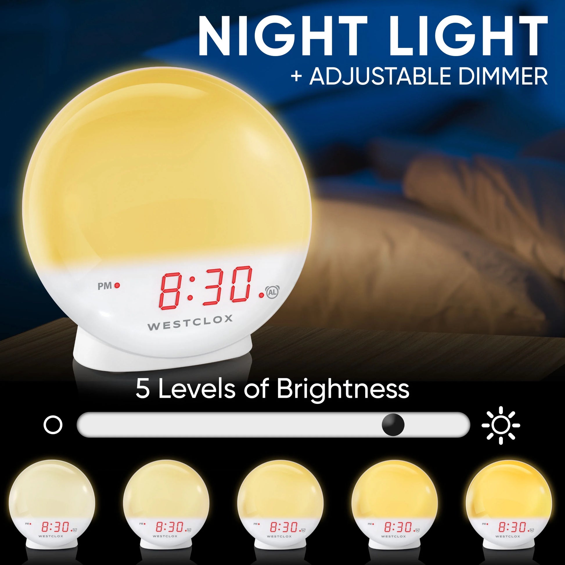 5" White Electric Sunrise Simulator Alarm Clock with Digital LED Display and Dimmable Nightlight